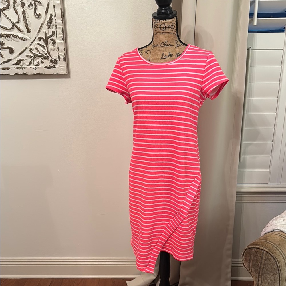 Hot Neon Pink Striped Stretch Sheath Dress M Bobbie Brooks